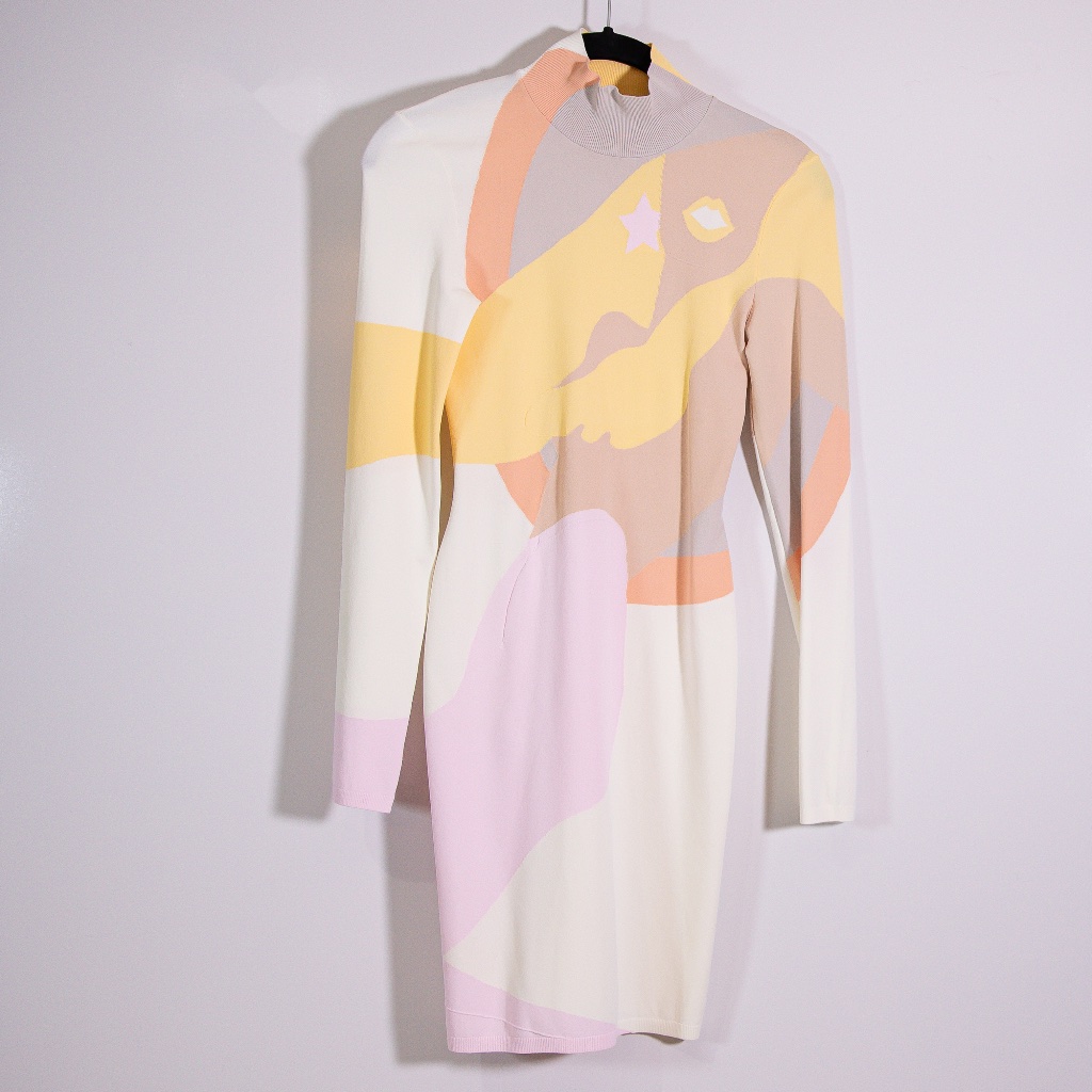 Fendi Colorblocked Mockneck Long Sleeve Pullover Geometric Print Mini Dress S